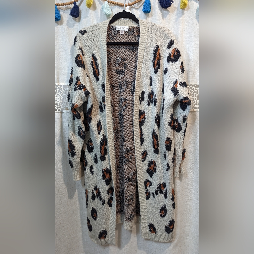 Knox Rose Leopard Print Long Open Front Sweater